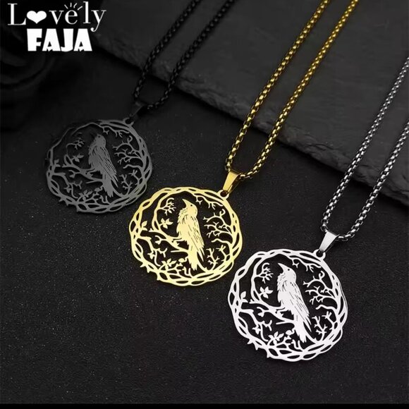 Silver Tone Gothic Raven Pendant Necklace - Stainless Steel Ball Chain #1530 - Picture 7 of 7